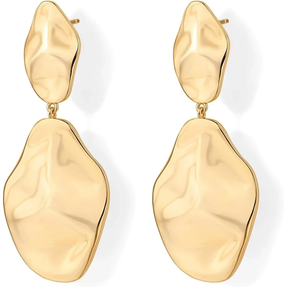 Women Yellow 14K Gold Plated Sterling Silver Lightweight Hammered Dangle Earring